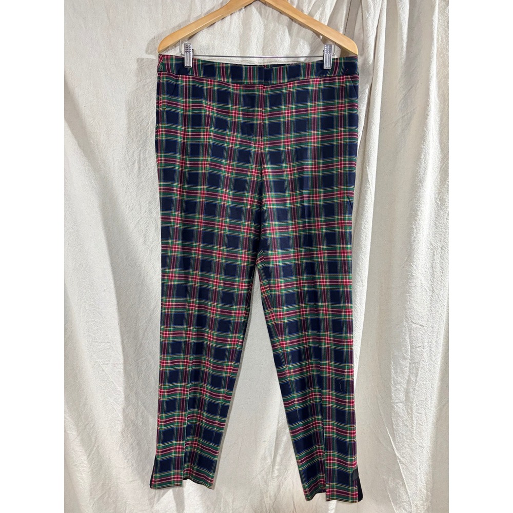 Talbots Women Navy Green Red Plaid Wool Blend Ankle Pants Bow Hem 10 Holiday